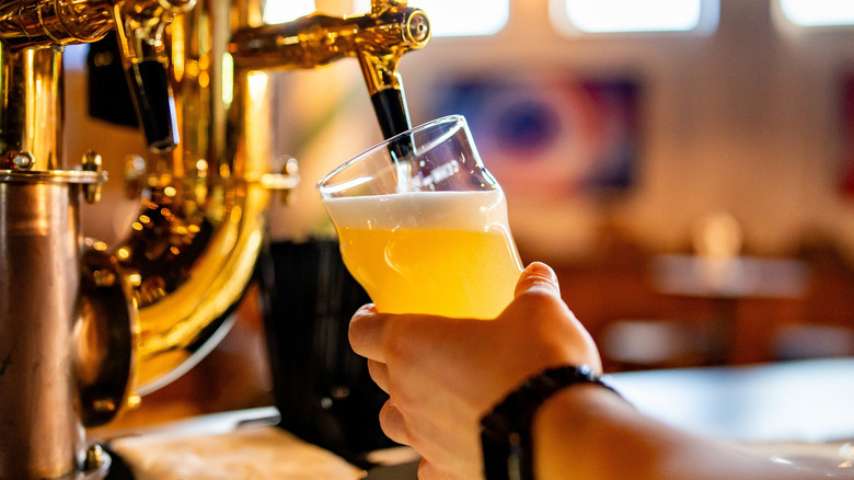 A bartender holding a glass under a golden tap as beer pours into it.