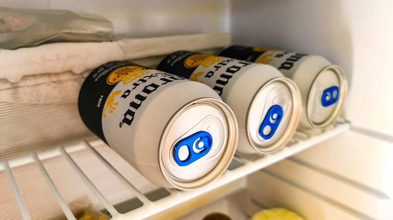canned beers stored in a frosted fridge