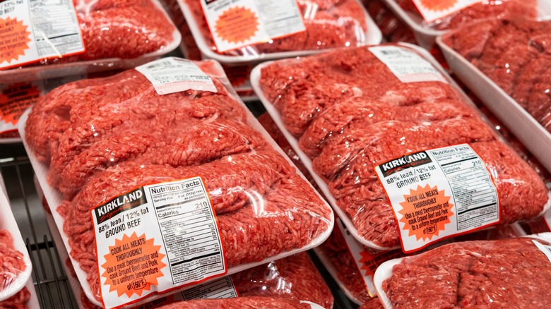 Close-up of multiple packages of Kirkland Signature ground beef in Costco