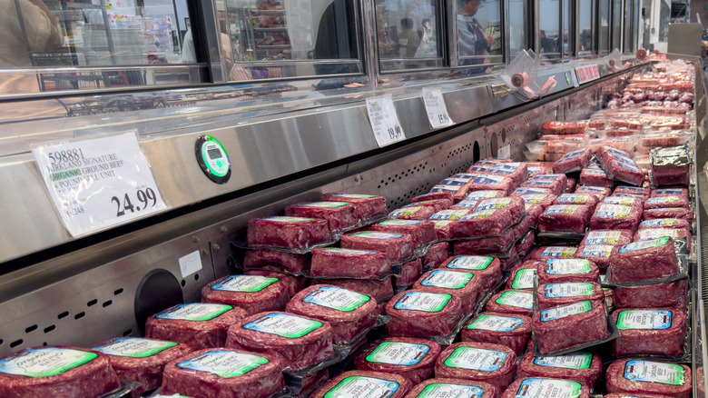 Packages of Kirkland Signature ground beef from Costco in refrigerated case