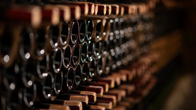 A row of wine bottles stored on their side