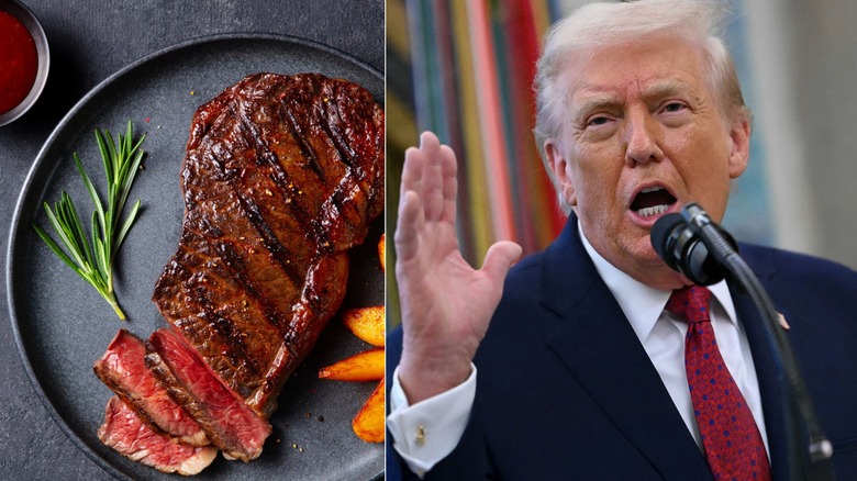 Plate of steak with a side of ketchup, side by side with Trump speaking into a microphone