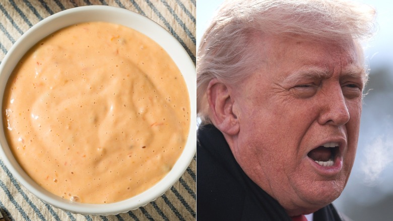 Cup of Thousand Island dressing side by side with Donald Trump close-up