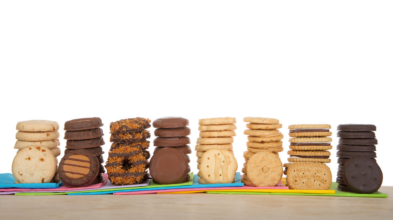 Stacks of different varieties of Girl Scout cookies