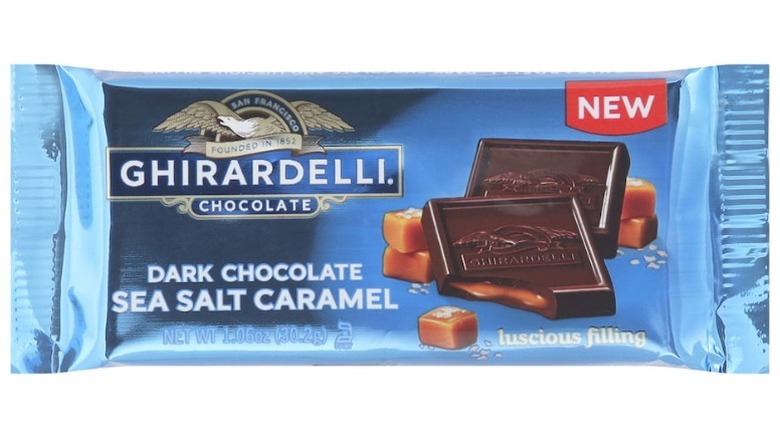 Ghirardelli Sea Salt Caramel bar on a white background.
