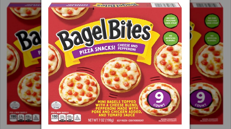Bagel Bites Cheese and Pepperoni Pizza Snacks in a cardboard box on a white background