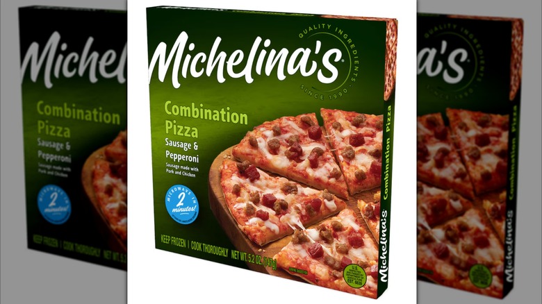 Michelina's Single-Serve Combination Pizza in a cardboard box on a white background