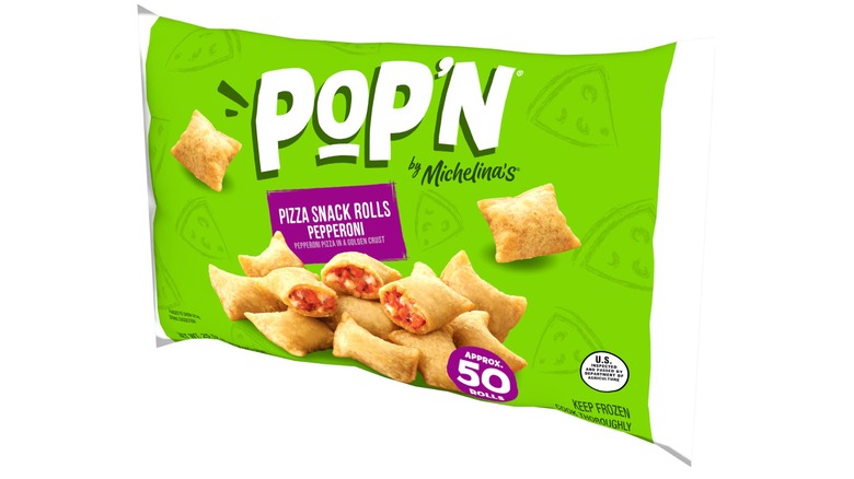 Pop'n Pepperoni Pizza Snack Rolls in a green plastic bag on a white background
