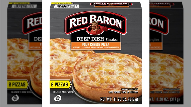 Red Baron Deep Dish Singles Four Cheese Pizza in a cardboard box on a white background