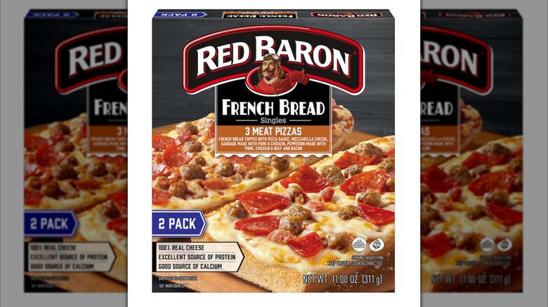 Red Baron French Bread 3 Meat Pizzas in a cardboard box on a white background