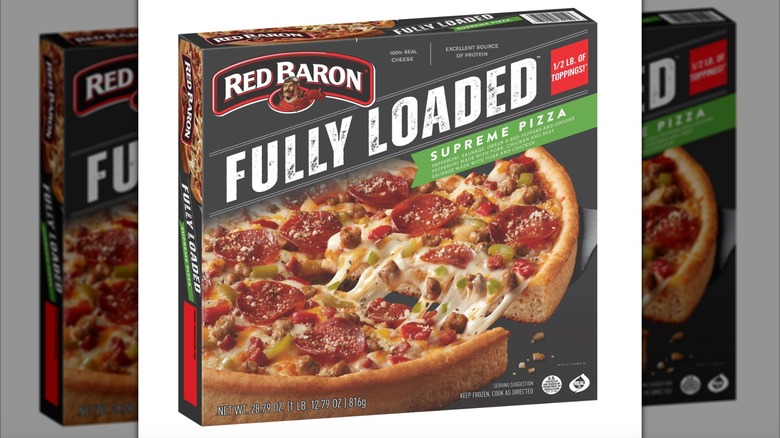 Red Baron Fully Loaded Supreme Pizza in a cardboard box on a white background