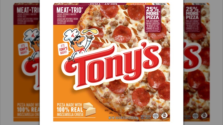 Tony's Pizzeria-Style Crust Meat Trio Pizza in a cardboard box on a white background