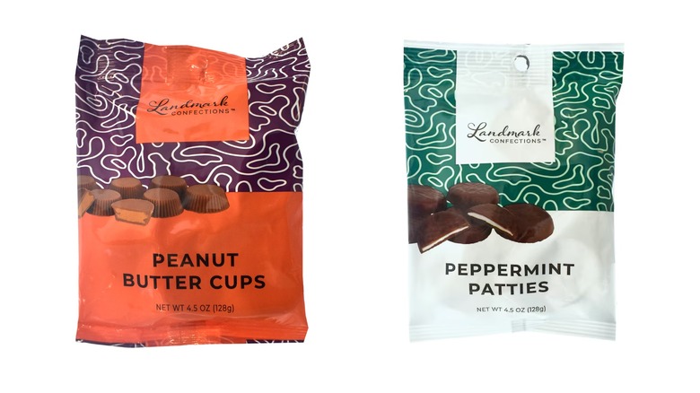 Landmark Confections Peanut Butter Cups and Peppermint Patties bags on a white background.