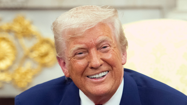 Photo of smiling Donald Trump seated in an upholstered cream chair in a blue suit and red tie with a American flag pin on his lapel