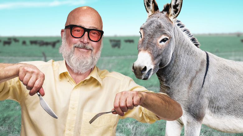 Andrew Zimmern with fork and knife in hand as a donkey looks on in the background