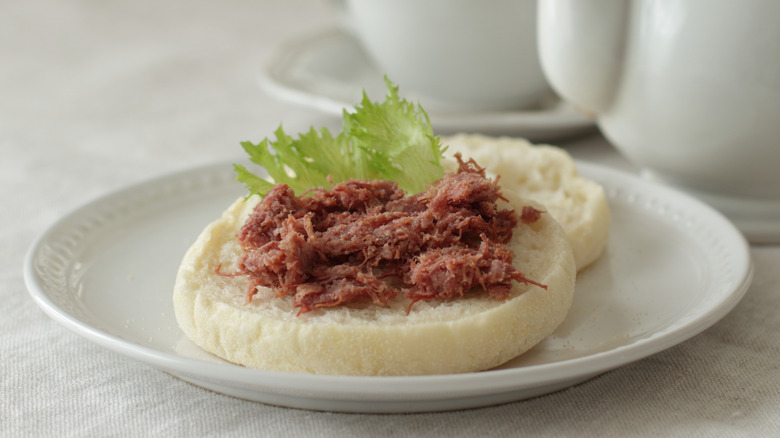 Canned corned beef on an English muffin