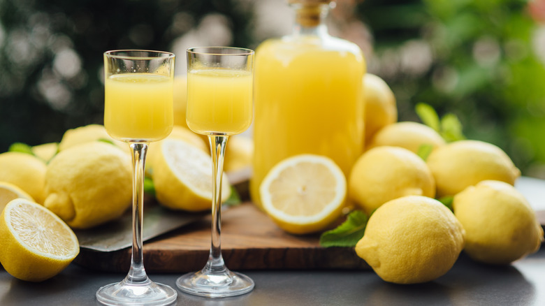 homemade limoncello in glasses and bottle surrounded by lemons