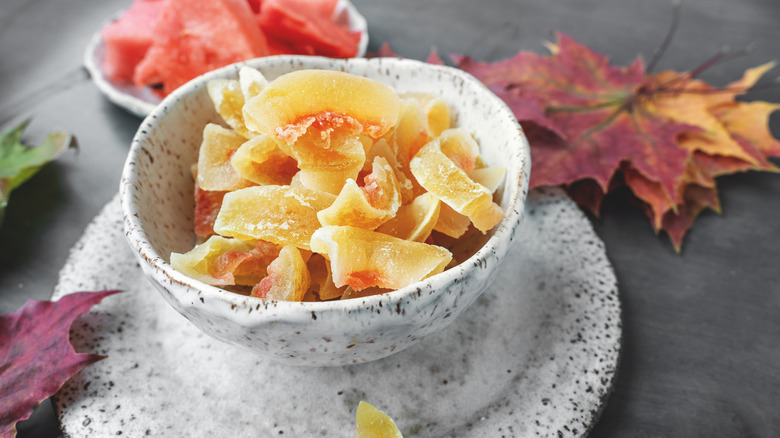Homemade watermelon rind candy in a small dish