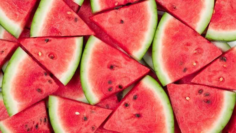 Aerial view of watermelon slices with seeds