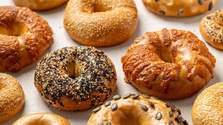 Several different varieties of bagels on a table