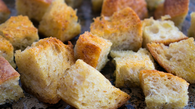 Close up of croutons made with sourdough bread