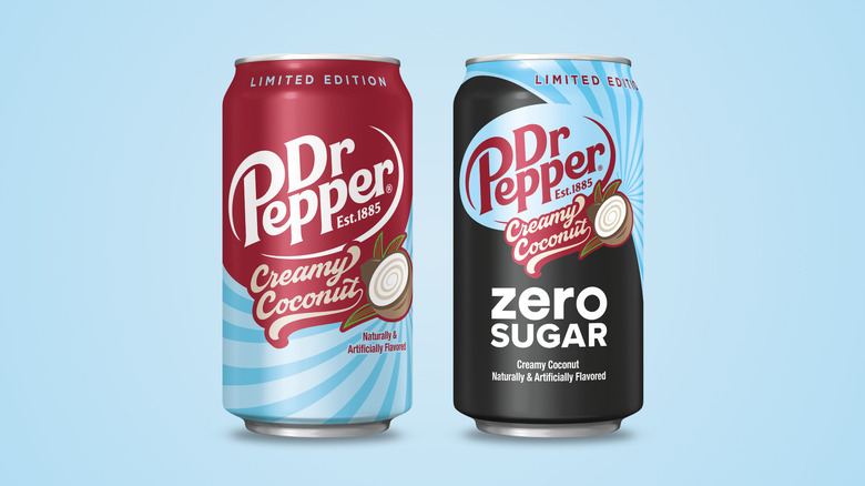 Two cans of limited-edition Dr Pepper creamy coconut on a blue background