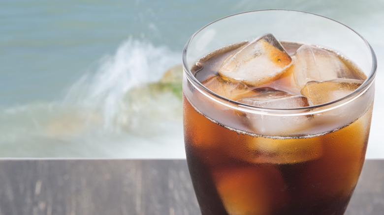 Closeup of glass of Dr. Pepper with ice cubes