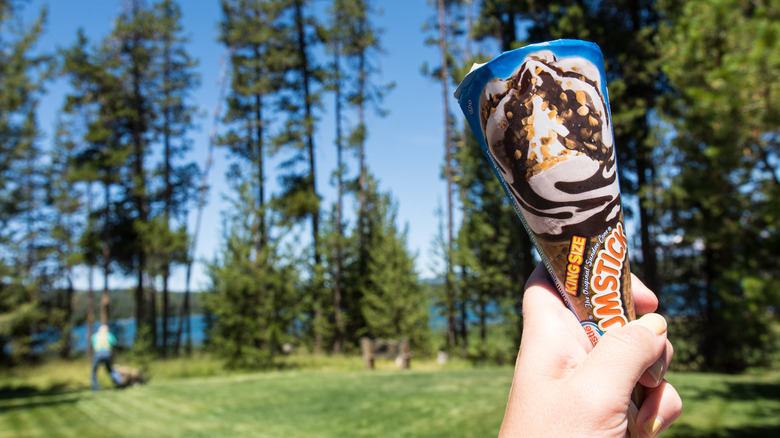 Hand holds up a Drumstick ice cream cone