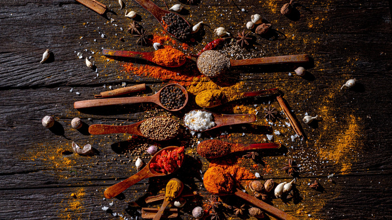Variety of crushed and whole spices with wood spoons