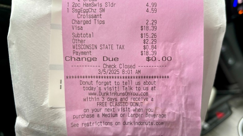 Dunkin' receipt on bag