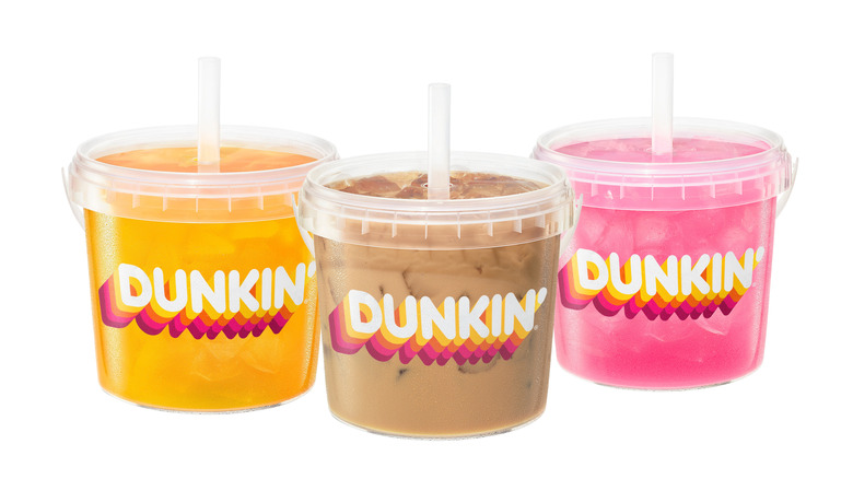 A product image of three Dunkin' Beverage Buckets on a white background.