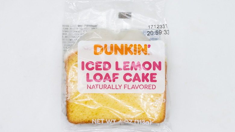 Packaged Dunkin Donuts Iced Lemon Loaf Cake in Plastic