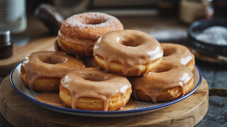 Maple-Glazed Donuts loaded on a plate