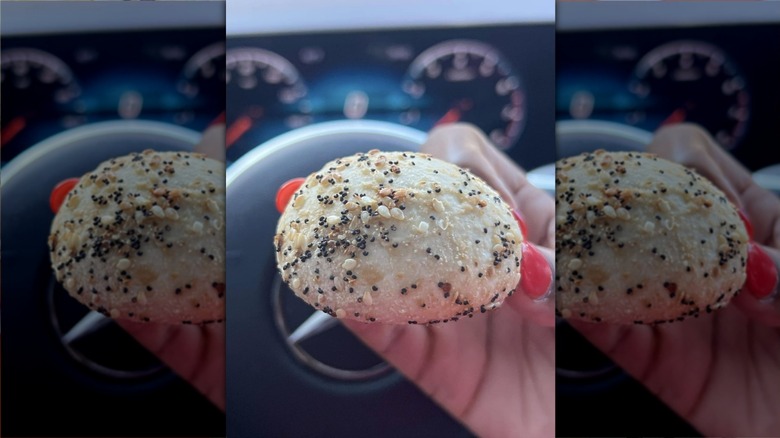 Close up of two stuffed bagel minis on dunkin' wrapper