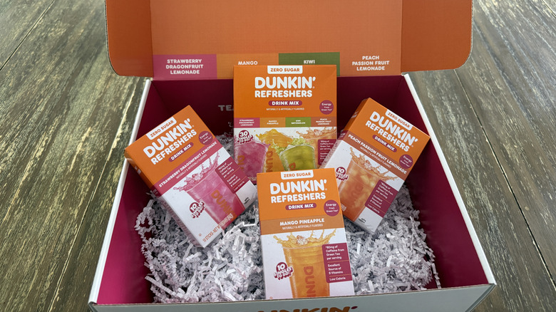 Four boxes of Dunkin' Refreshers in large Dunkin' box