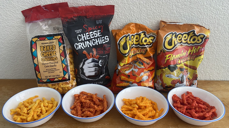 bowls of each snack in front of their respective bags