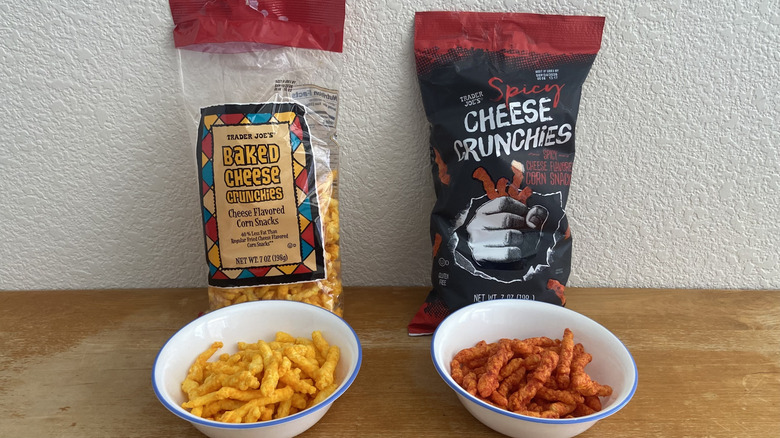 Bowls of both Cheese Crunchies in front of their respective bags