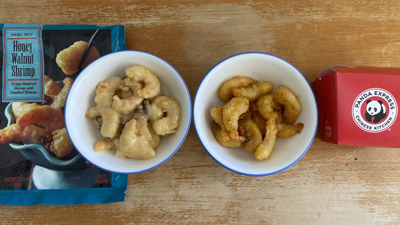 top-down view of bowls of both shrimps beside their respective packaging