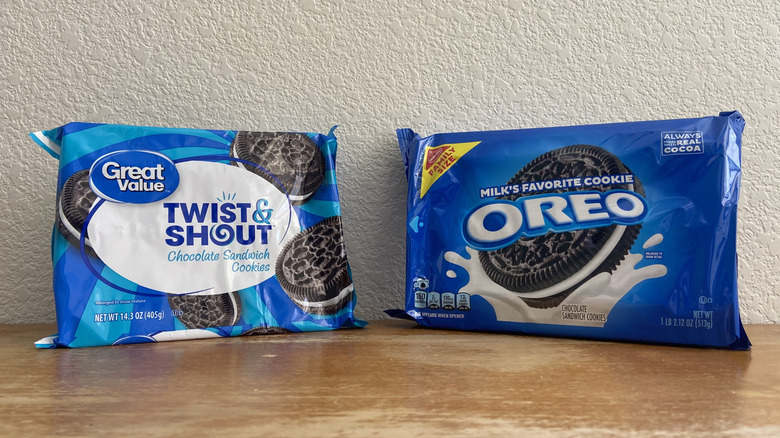 Twist & Shout and Oreo packages propped up against wall