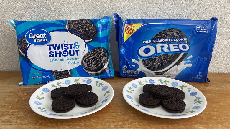 piles of each cookie on a small plate in front of their respective packages