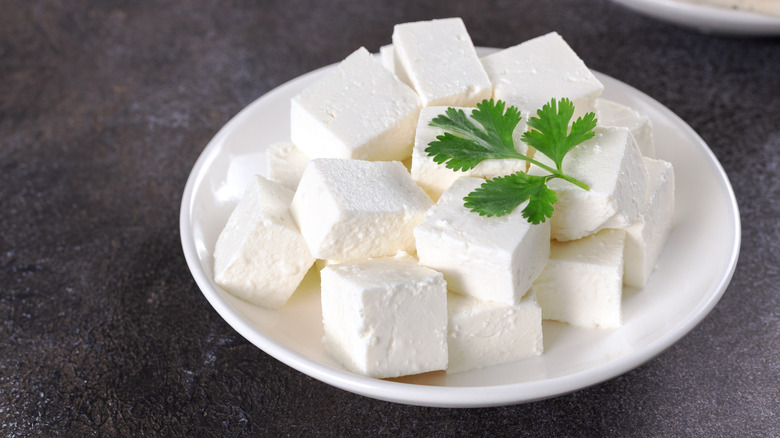 Paneer cheese on a white plate with parsley garnish
