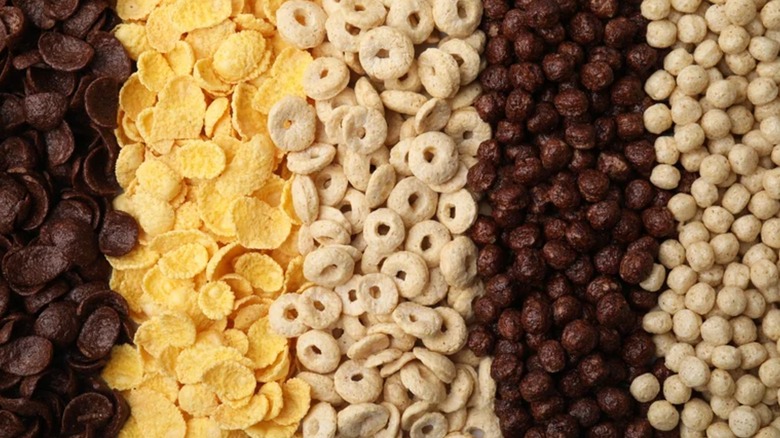 A variety of favorite cereals poured out and lined up