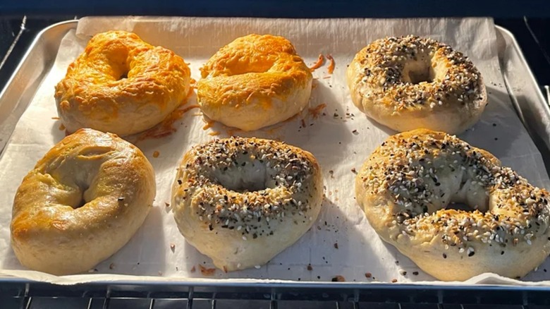 A sheet pan lined with parchment paper with six bagels topped with various seasonings