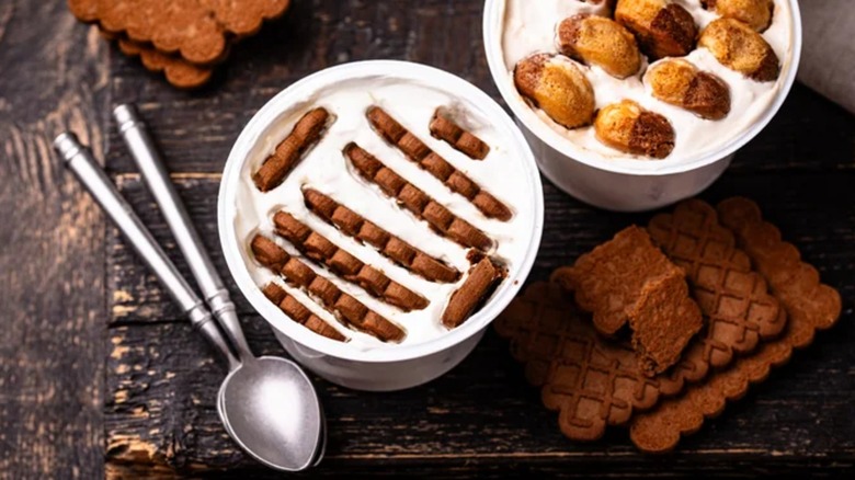A cup of Japanese cheesecake made with Greek yogurt and Biscoff cookies