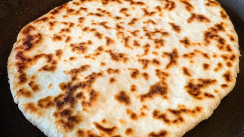 A closeup of a homemade flatbread made with Greek yogurt