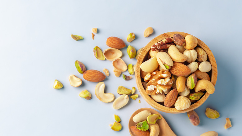 Mixed nuts in a wood bowl