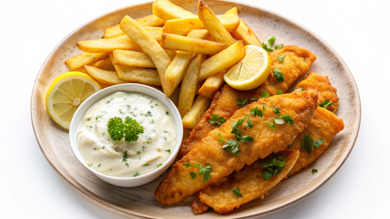 A plate with tarter sauce, two lemon slices, fish and chips on it.