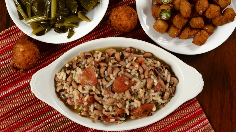 Collard greens and Hoppin' John in ceramic dishes
