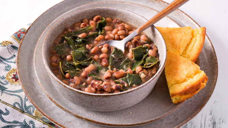 Bowl of black-eyed peas with cornbread