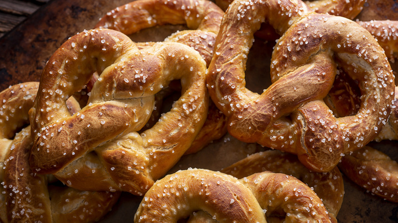 Pile of salted soft pretzels